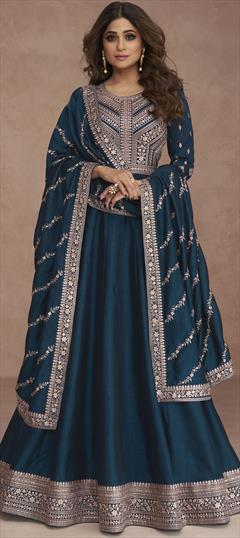 Bollywood Blue color Gown in Art Silk fabric with Embroidered, Thread, Weaving work : 1876850