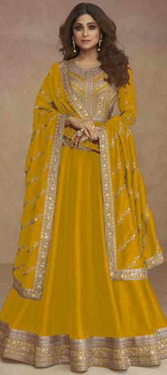 Bollywood Yellow color Gown in Art Silk fabric with Embroidered, Sequence, Thread work : 1876862