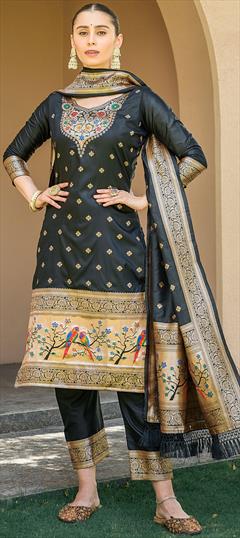 Festive, Party Wear Black and Grey color Salwar Kameez in Banarasi Silk fabric with Straight Weaving work : 1876906