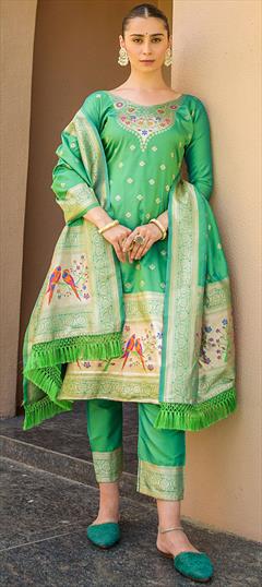 Festive, Party Wear Green color Salwar Kameez in Banarasi Silk fabric with Straight Weaving work : 1876911