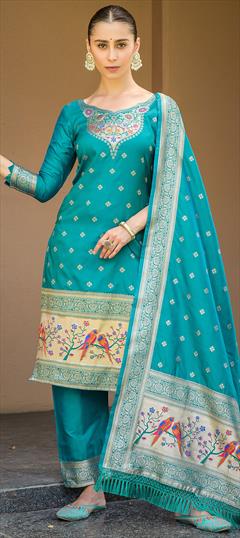 Festive, Party Wear Blue color Salwar Kameez in Banarasi Silk fabric with Straight Weaving work : 1876920