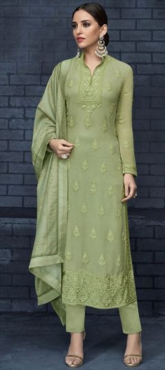 Bollywood Green color Salwar Kameez in Georgette fabric with Straight Embroidered, Stone, Zari work : 1876980