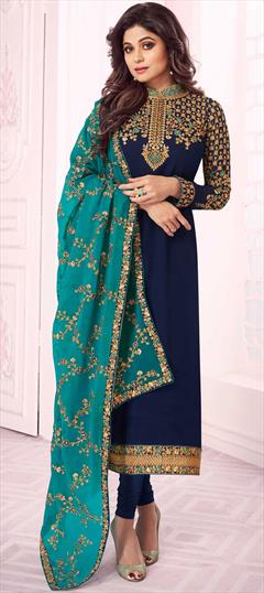 Bollywood Blue color Salwar Kameez in Georgette fabric with Straight Embroidered, Stone, Zari work : 1876983