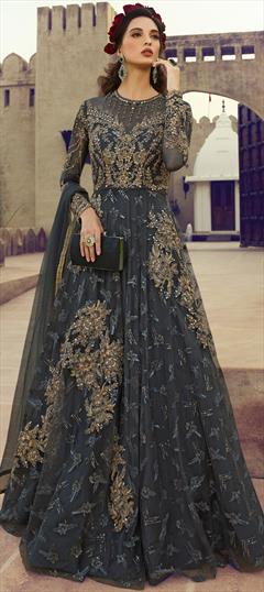 Bollywood Black and Grey color Salwar Kameez in Net fabric with Anarkali Embroidered, Stone, Zari work : 1876985