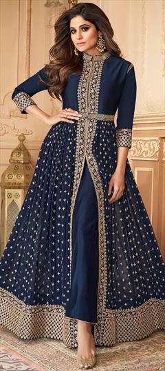 Bollywood Blue color Salwar Kameez in Georgette fabric with Slits Embroidered, Stone, Zari work : 1876992