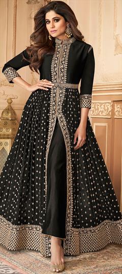 Bollywood Black and Grey color Salwar Kameez in Georgette fabric with Slits Embroidered, Stone, Zari work : 1876996