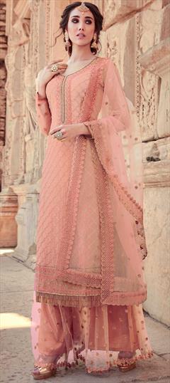 Bollywood Pink and Majenta color Salwar Kameez in Georgette fabric with Palazzo, Straight Embroidered, Stone, Zari work : 1877037