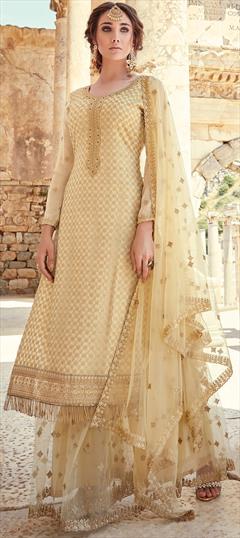 Bollywood Beige and Brown color Salwar Kameez in Georgette fabric with Palazzo, Straight Embroidered, Stone, Zari work : 1877040