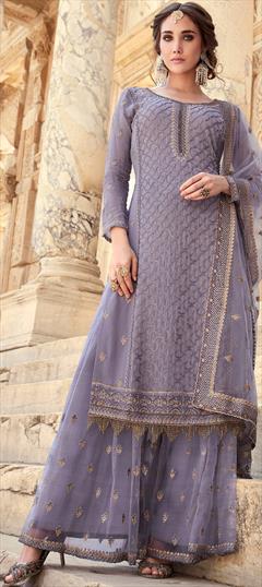 Bollywood Purple and Violet color Salwar Kameez in Georgette fabric with Palazzo, Straight Embroidered, Stone, Zari work : 1877042