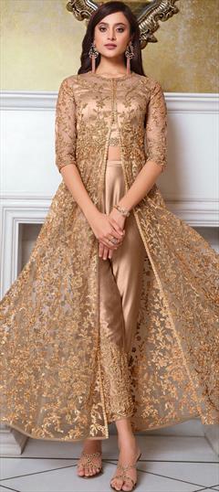 Bollywood Beige and Brown color Salwar Kameez in Net fabric with Slits Embroidered, Stone work : 1877045