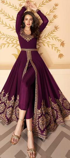 Bollywood Purple and Violet color Salwar Kameez in Georgette fabric with Slits Embroidered, Stone, Zari work : 1877046
