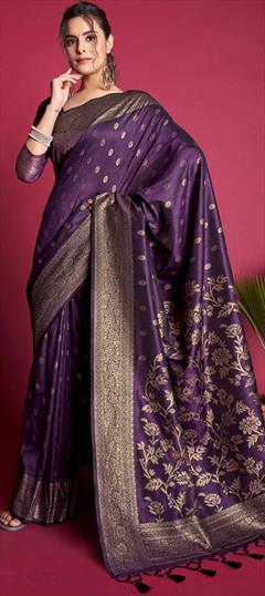 Party Wear, Traditional Purple and Violet color Saree in Banarasi Silk, Silk fabric with South Weaving, Zari work : 1877058