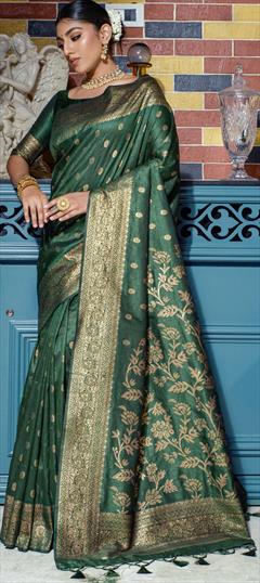 Party Wear, Traditional Green color Saree in Banarasi Silk, Silk fabric with South Weaving, Zari work : 1877060