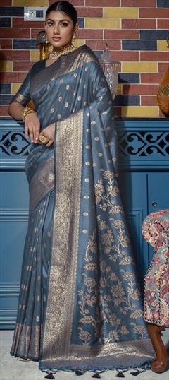 Party Wear, Traditional Black and Grey color Saree in Banarasi Silk, Silk fabric with South Weaving, Zari work : 1877064