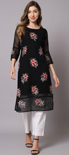 Casual Black and Grey color Kurti in Georgette fabric with Straight Embroidered, Resham, Thread work : 1877088