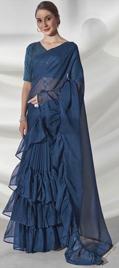 Reception, Traditional Blue color Saree in Organza Silk, Silk fabric with Ruffle, South Thread work : 1877110