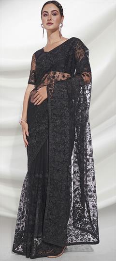 Party Wear, Reception Black and Grey color Saree in Net fabric with Classic Embroidered, Printed, Sequence work : 1877112