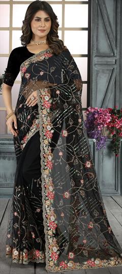Engagement, Mehendi Sangeet, Reception Black and Grey color Saree in Net fabric with Classic Embroidered, Resham, Sequence, Thread work : 1877216