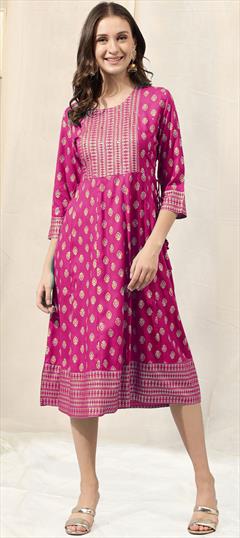 Casual, Party Wear Pink and Majenta color Kurti in Rayon fabric with Anarkali, Long Sleeve Printed work : 1877218