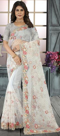 Engagement, Mehendi Sangeet, Reception White and Off White color Saree in Net fabric with Classic Embroidered, Resham, Sequence, Thread work : 1877220