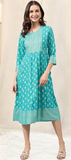 Casual, Party Wear Blue color Kurti in Rayon fabric with Anarkali, Long Sleeve Printed work : 1877221