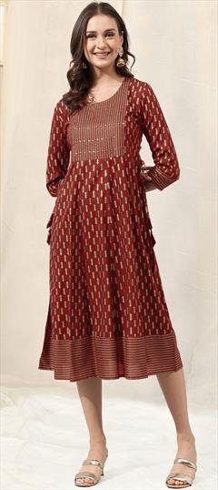 Casual, Party Wear Red and Maroon color Kurti in Rayon fabric with Anarkali, Long Sleeve Printed work : 1877223