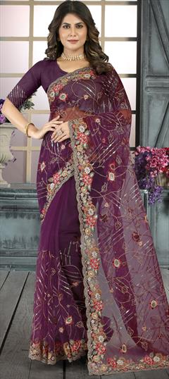 Engagement, Mehendi Sangeet, Reception Pink and Majenta color Saree in Net fabric with Classic Embroidered, Resham, Sequence, Thread work : 1877226