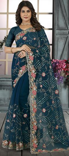 Engagement, Mehendi Sangeet, Reception Blue color Saree in Net fabric with Classic Embroidered, Resham, Sequence, Thread work : 1877229