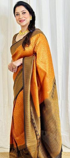 Reception, Traditional Yellow color Saree in Litchi Silk, Silk fabric with South Weaving work : 1877268