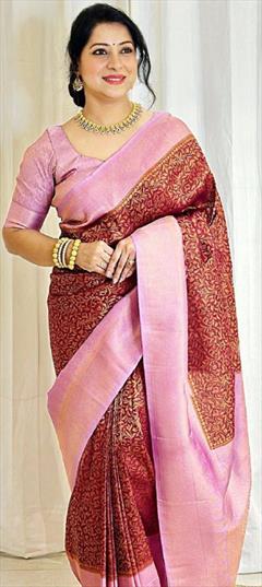 Reception, Traditional Red and Maroon color Saree in Litchi Silk, Silk fabric with South Weaving work : 1877270