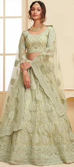 Bollywood Green color Lehenga in Net fabric with Flared Embroidered, Stone work : 1877398