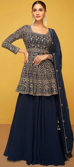 Bollywood Blue color Long Lehenga Choli in Georgette fabric with Embroidered, Sequence work : 1877405
