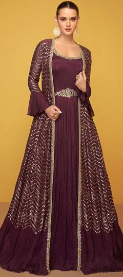 Bollywood Purple and Violet color Salwar Kameez in Art Silk fabric with Anarkali Embroidered, Sequence work : 1877407