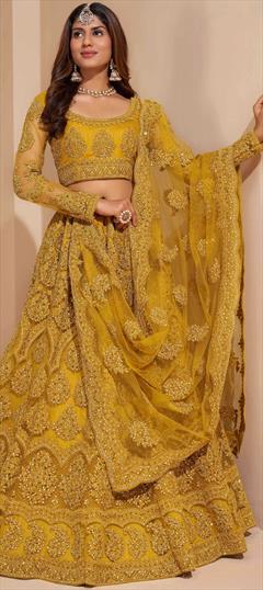 Bollywood Yellow color Lehenga in Net fabric with Flared Embroidered, Stone, Thread work : 1877422