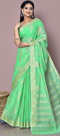 Engagement, Reception, Traditional, Wedding Green color Saree in Cotton fabric with Bengali Weaving, Zari work : 1877424