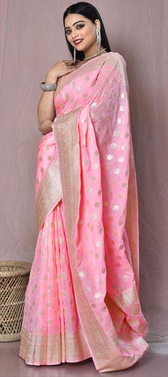 Engagement, Reception, Traditional, Wedding Pink and Majenta color Saree in Banarasi Silk, Silk fabric with South Weaving, Zari work : 1877428