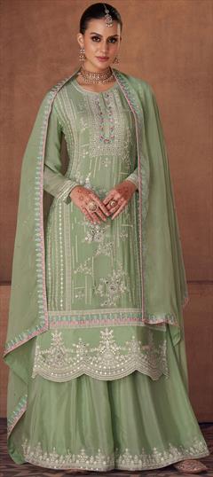 Bollywood Green color Salwar Kameez in Art Silk fabric with Palazzo, Straight Embroidered, Foil Print work : 1877430