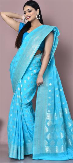 Engagement, Reception, Traditional, Wedding Blue color Saree in Banarasi Silk, Silk fabric with South Weaving, Zari work : 1877431