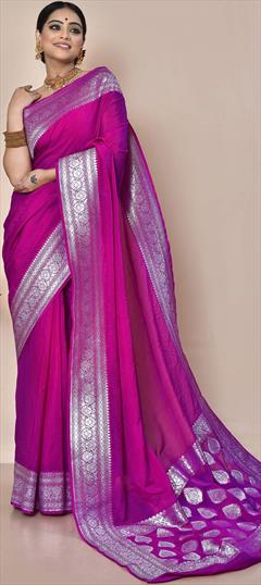 Engagement, Reception, Traditional, Wedding Pink and Majenta color Saree in Banarasi Silk, Silk fabric with South Weaving, Zari work : 1877433