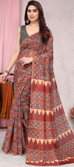 Casual Red and Maroon color Saree in Blended Cotton fabric with Bengali Digital Print work : 1877438