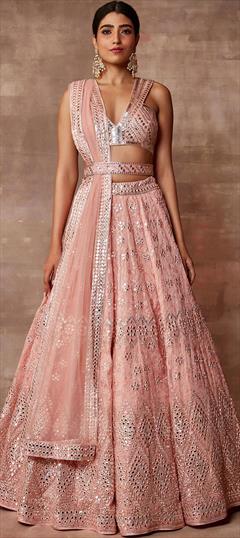 Bollywood Pink and Majenta color Lehenga in Organza Silk fabric with Flared Embroidered, Sequence work : 1877439