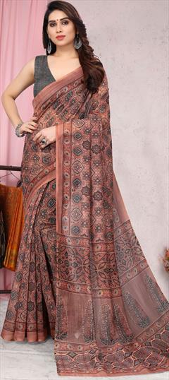 Casual Beige and Brown color Saree in Blended Cotton fabric with Bengali Digital Print work : 1877460