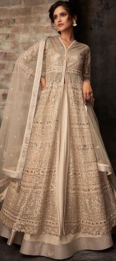 Bollywood Beige and Brown color Long Lehenga Choli in Net fabric with Embroidered, Stone, Zari work : 1877461