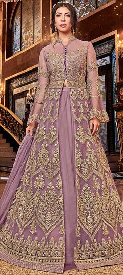 Bollywood Purple and Violet color Long Lehenga Choli in Net fabric with Embroidered, Stone, Zari work : 1877464