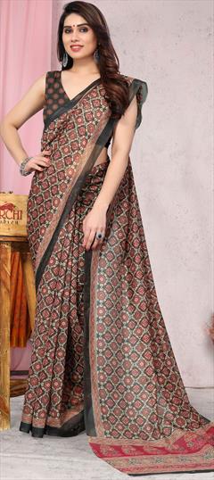 Casual Black and Grey color Saree in Blended Cotton fabric with Bengali Digital Print work : 1877465