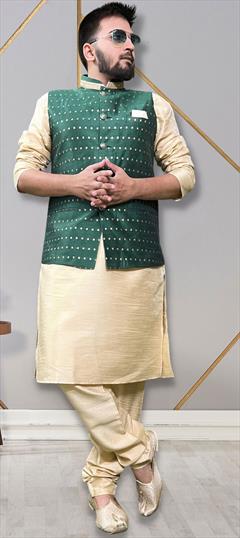 Party Wear Gold color Kurta Pyjama with Jacket in Silk fabric with Lace work : 1877523