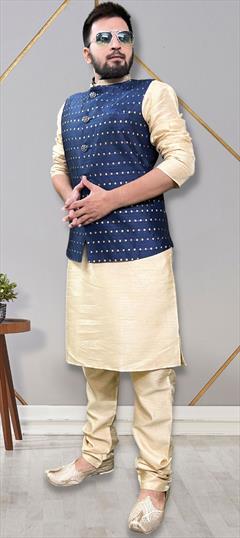 Party Wear Gold color Kurta Pyjama with Jacket in Silk fabric with Lace work : 1877524