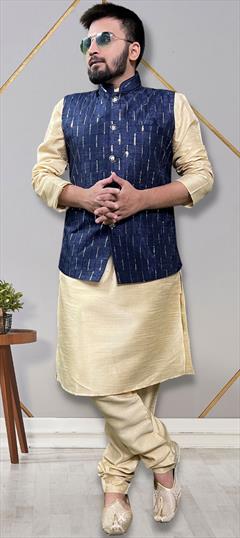 Party Wear Gold color Kurta Pyjama with Jacket in Silk fabric with Sequence, Thread work : 1877526