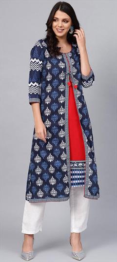 Casual Blue color Kurti in Cotton fabric with Long Sleeve, Straight Printed work : 1877553