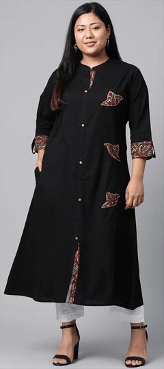 Casual Black and Grey color Kurti in Cotton fabric with Long Sleeve, Straight Patch work : 1877558